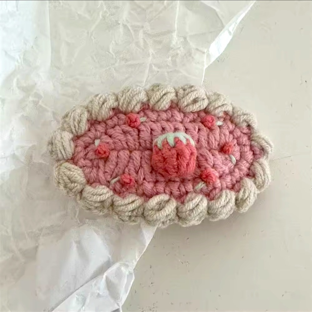 Handcrafted Crochet Hair-Clip, Cream with Pink Strawberry: Two on Card